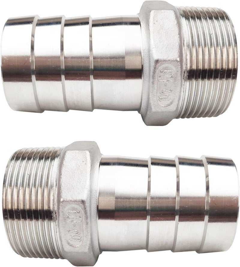 JENSWILL 1-1/2"(40mm) Hose Barb to 1-1/2" NPT Male Threaded- Stainless Steel Hose Fitting Connector Adapter Pipe Fitting Pack of 2 - Image 1